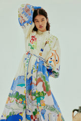 lynn Single-breasted long lantern sleeves with graffiti print  maxi dress