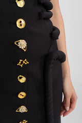 Black Midi Dress With Sculptural Knotted Bodice Detail And Jewel Buttons - Black