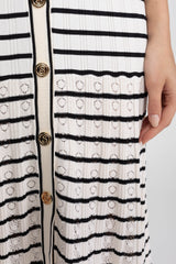 Striped Sleeveless Knit Midi Dress With V-Neck And Gold Buttons - White/Black