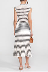 Striped Sleeveless Knit Midi Dress With V-Neck And Gold Buttons - White/Black