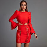 sandra red Long Sleeve Cut Out Lace Mini Dress