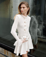 lauren lantern sleeve Pointelle Knit Mini Dress in White