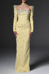 lynn Square neck beaded rhinestone maxi dress - yellow