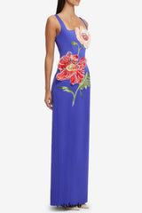 nicola square neck flower embroidery satin maxi dress in blue