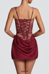 Leobal Lace Corset Ruched Mini Dress - Red