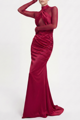 Lorere Mesh Satin Long Sleeve Maxi Dress
