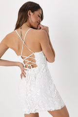 White Sequin Lace-Up Mini Bodycon Dress