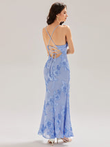 Light Blue 3D Floral Mesh Spaghetti Strap Mermaid Maxi Dress