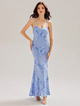 Light Blue 3D Floral Mesh Spaghetti Strap Mermaid Maxi Dress