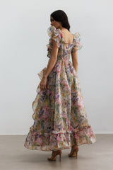 Butterfly Print Ruffle Chiffon Maxi Dress