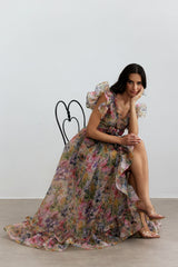 Butterfly Print Ruffle Chiffon Maxi Dress