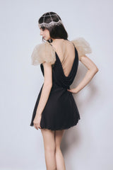 Marion Dark blue Chiffon Mini Dress with Sheer Rhinestone Mesh & Tulle Puff Sleeves