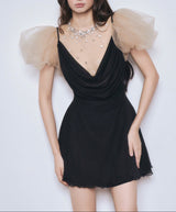 Marion Dark blue Chiffon Mini Dress with Sheer Rhinestone Mesh & Tulle Puff Sleeves