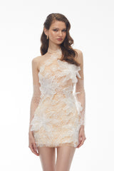 shirley Champagne Halterneck Mini Dress with 3D Petals