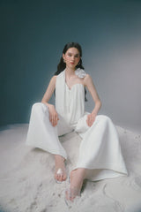 Meeri White Halter Drape Top & Wide-Leg Pants Set