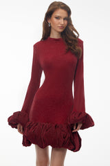 tabitha Long Sleeve Midi Dress with Ruffled Trim - burgundy