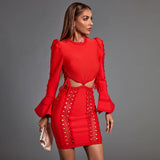 sandra red Long Sleeve Cut Out Lace Mini Dress