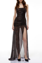 sylvia bling rhinestone Embellished Ruched  strapless Maxi Dress in Black