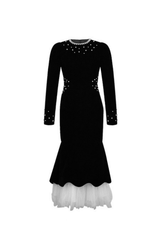 zona black Beaded irregular hem velvet fishtail maxi dress