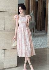 pearl neck Puff sleeve flared lace midi dress - pink
