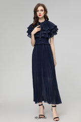 jocelyn ruffled pleated cape embellished midi dress - navy blue