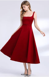 amelia square neck Satin Slip midi Dress - red