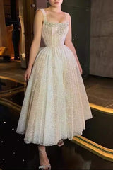 square neck rhinestone sequin puffy midi dress - silver