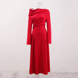 ALBERTA RED ONE SHOULDER SLIT PLEATED MAXI DRESS