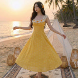 lace halter-neck 3d flower maxi dress - Yellow
