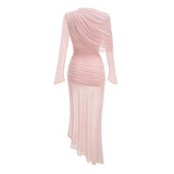 High-neck drapey pleated mesh panel maxi dress in pink