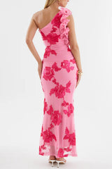 novia one-shoulder 3d flower embroidery bodycon maxi dress - pink