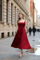 amelia square neck Satin Slip midi Dress - red