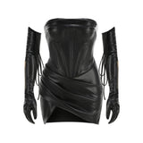 PU strapless pleated irregular hem mini dress - black