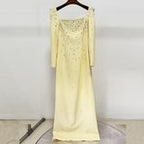 purple square neck long sleeve nail bead diamond maxi dress