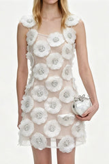 lola Rhinestone 3D Flowers mini dress - white