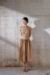 emily v-neck Pleated midi dress in khaki