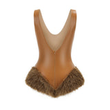 ashley v-neck leather fur trim mini dress in brown