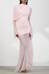 High-neck drapey pleated mesh panel maxi dress in pink