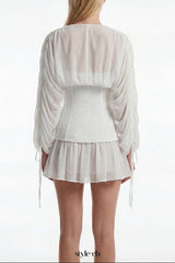 trista white V-neck mesh pleated cinched waist with belt