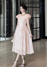 pearl neck Puff sleeve flared lace midi dress - pink