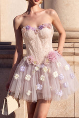 lila floral strapless tulle mini dress - Light purple