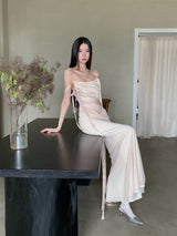 ursula apricot Sleeveless Ribbon Pleated Maxi Dress