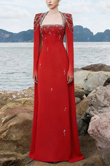 red nail bead chain shawl sleeves floor-length dress