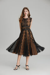 phoenix 3d Embroidered lace mesh midi dress in black