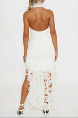 marina ruffle trim halter bodycon mini dress - white