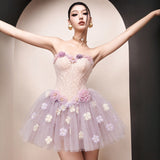 lila floral strapless tulle mini dress - Light purple