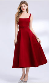 amelia square neck Satin Slip midi Dress - red