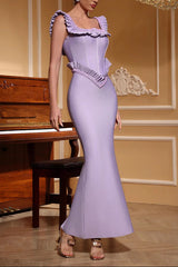 hermosa pearl embellished square neck ruffle bodycon maxi dress - purple