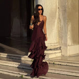 lorraine Waist-cinching backless camisole cake maxi dress - burgundy