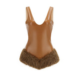 ashley v-neck leather fur trim mini dress in brown